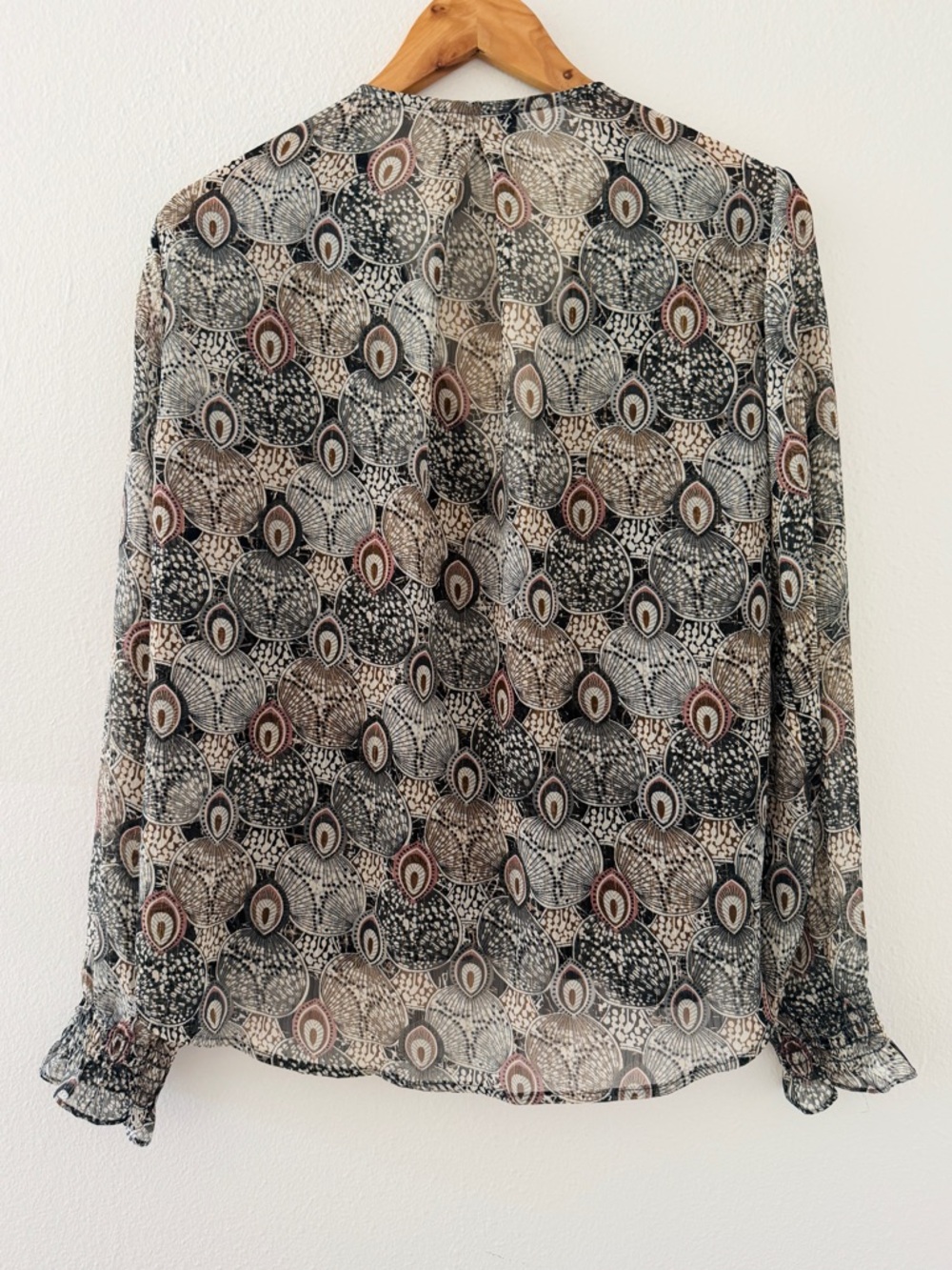 NWT Veronica M Brown Gray Cross Long Sleeve Peacock Print Blouse - Picture 3 of 4